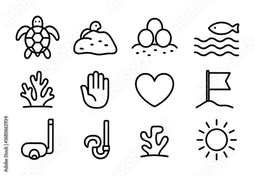 Sea Turtle Icons. Outline icon set of sea turtle protection: turtle, nest, eggs, sand, waves, fish, coral,