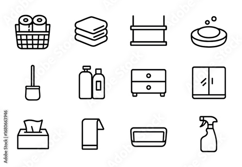 Bathroom Storage Icons. Outline icon set of bathroom storage: basket with rolls, towel stack, shelf, soap dish