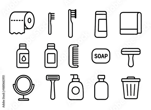 Bathroom Essentials Icons. Outline icon set of bathroom essentials: toilet paper roll, toothbrush, toothpaste,