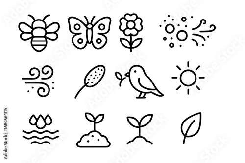Pollination Icon Set. Outline icon set of Flower pollination and seed spread: bee, butterfly, flower, pollen,