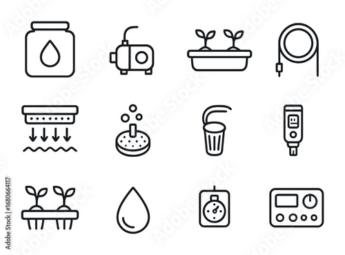 Hydroponic Gardening Icons. Outline icon set of hydroponic gardening: nutrient tank, water pump, grow tray,