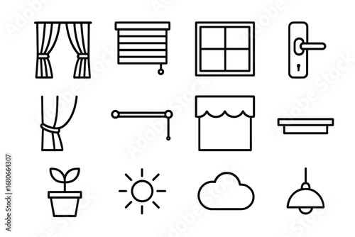 Window Icon Set. Outline icon set of Windows and curtains: curtain, blind, window frame, handle, tieback, rod,