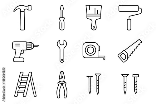 Home Renovation Icons. Outline icon set of Home renovation tools: hammer, screwdriver, paintbrush, roller,