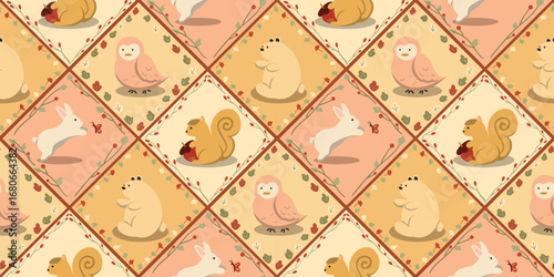 Autumn season seamless pattern background vector. Fall harvest wallpaper with leaf, bird, rabbit, bear, squirrel, frame. Design for print, cover, fabric, packaging, wall art, home decor. 