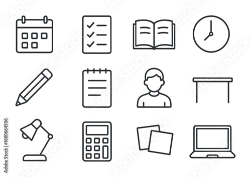 Exam Revision Icons. Outline icon set of exam revision: calendar, checklist, open book, clock, pencil, notepad