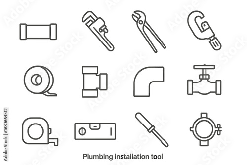 Plumbing Tools Icons. Outline icon set of Plumbing installation tools: pipe, wrench, pliers, cutter, tape,