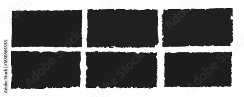Torn paper frame set. Black jagged rectangle shapes and ripped silhouettes for collage, sticker, banner, label, text box. Grunge vector elements isolated on white background