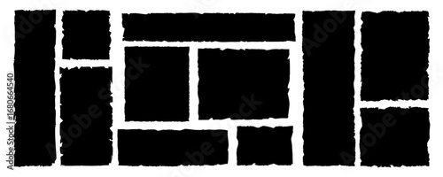 Vector set of ripped paper pieces. Black jagged rectangle frames, scrap silhouettes, grunge texture shapes for collage, sticker, banner, label. Isolated on white background