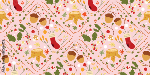 Autumn season seamless pattern background vector. Fall harvest wallpaper with mushroom, sock, wood, oak leaf, walnut. Design for print, cover, fabric, packaging, wall art, home decor. 