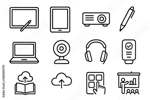 Interactive Classroom Devices. Outline icon set of Interactive classroom devices: smartboard, tablet,
