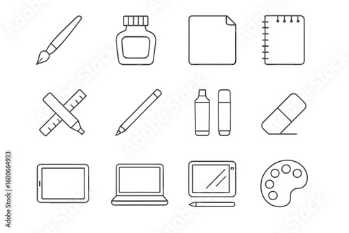 Calligraphy Tools Icons. Outline icon set of Calligraphy and lettering: brush pen, ink bottle, paper,