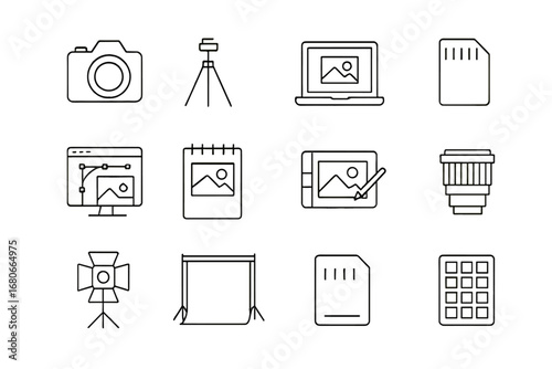 Photography Icon Set. Outline icon set of Photography student projects: camera, tripod, laptop, memory card,