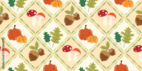Autumn season seamless pattern background vector. Fall harvest wallpaper with pumpkin, oak leaf, walnut, mushroom, frame. Design for print, cover, fabric, packaging, wall art, home decor. 