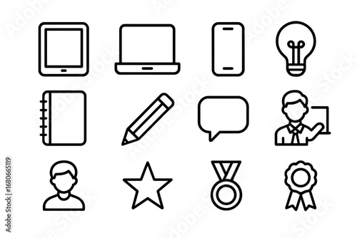 Interactive Learning Icons. Outline icon set of Interactive learning: tablet, laptop, smartphone, lightbulb,
