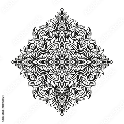 Elegant black and white floral mandala design with intricate details on a white background