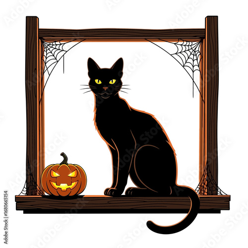 Enigmatic Black Cat with Glowing Jack-o'-Lantern and Spiderwebs for Festive Halloween Decor