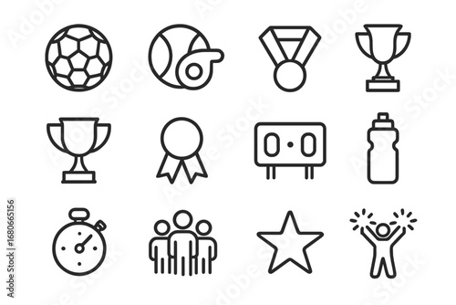 Sports Icon Set. Outline icon set of Encouraging participation in sports: soccer ball, basketball, whistle,