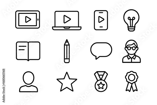 Interactive Learning Icons. Outline icon set of Interactive learning: tablet, laptop, smartphone, lightbulb,