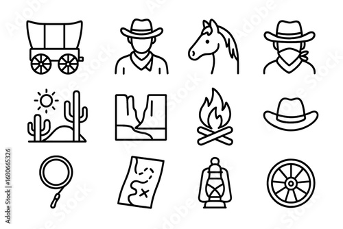 Wagon Wheel Icons. Outline icon set of Wagon wheel transportation in movies: covered wagon, hero, horse,