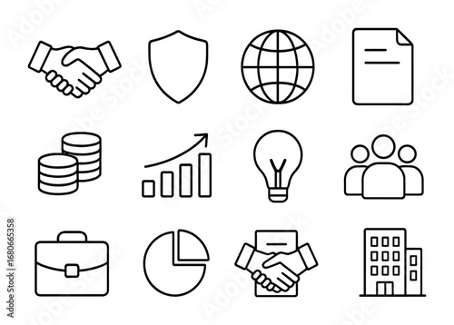 Ethical Business Icon Set. Outline icon set of ethical business: handshake, shield, globe, document, coins,