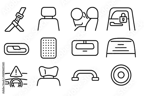 Car Safety Features. Outline icon set of Car interior safety features from back seat: seatbelt, headrest,