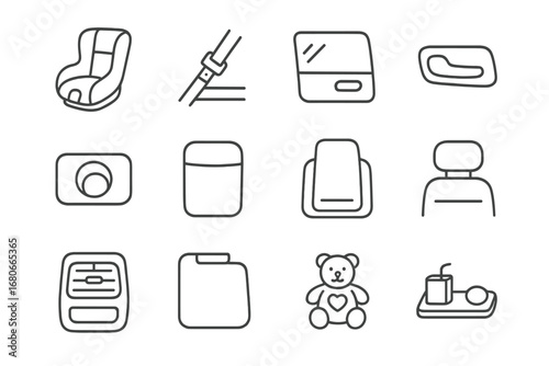Family Car Icons. Outline icon set of Family car interior from back seat: child seat, seatbelt, window, door