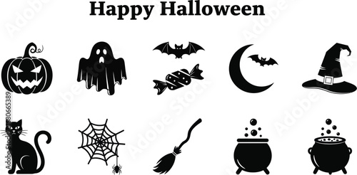 Halloween vector icons set with pumpkin, ghost, bat, candy, moon, hat, cat, spiderweb, broom, and cauldron
