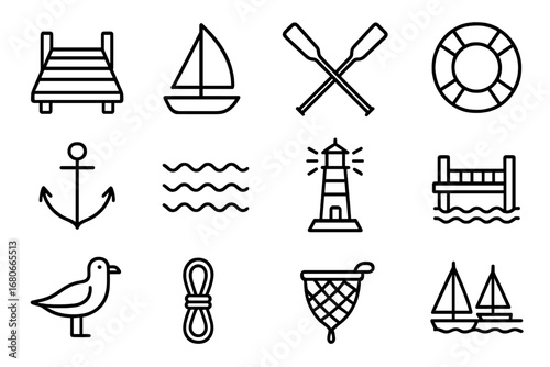 Boating Icon Set. Outline icon set of Dockside and boating: dock, sailboat, oars, life buoy, anchor, waves,