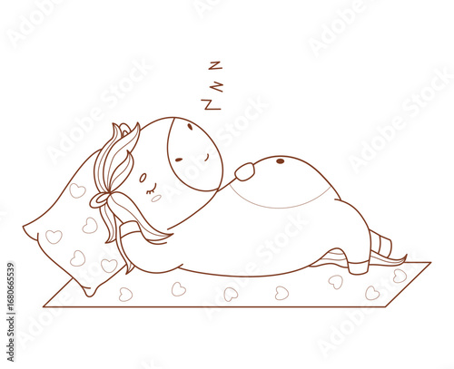Outline Cute Sleepy Horse on Rug and Pillow. Adorable Pony Kawaii Animal. Sweet Dream. Line drawing, coloring book. Vector illustration. Kids collection. Not AI