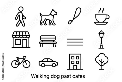 Walking Dog Icon Set. Outline icon set of Walking dog past cafes: person, dog, leash, coffee cup, cafe, bench,