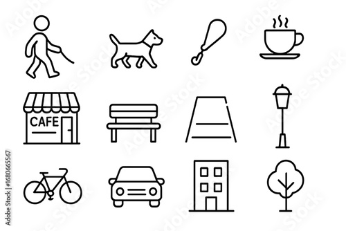 Walking Dog Icon Set. Outline icon set of Walking dog past cafes: person, dog, leash, coffee cup, cafe, bench,