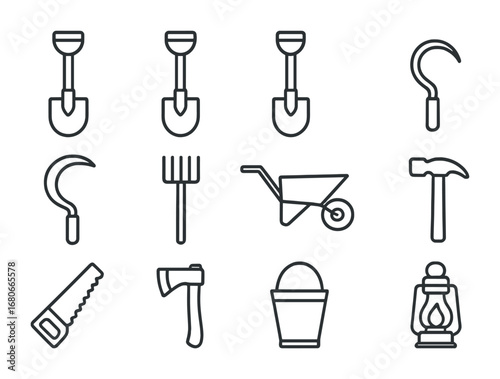 Barn Tools Icons. Outline icon set of barn tools: shovel, pitchfork, spade, hoe, sickle, rake, wheelbarrow,