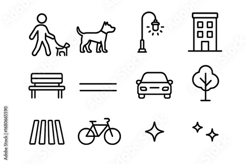 Night Walk Icons. Outline icon set of Night walk with dog: person, dog, leash, streetlight, building, bench,