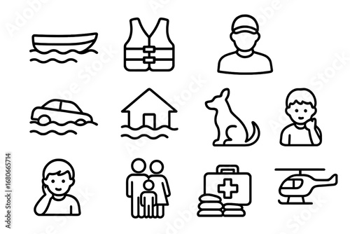 Flood Rescue Icons. Outline icon set of Flood rescue operations: rescue boat, life jacket, volunteer,
