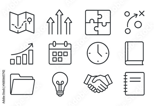 Strategic Planning Icons. Outline icon set of strategic planning workshops: map, arrows, puzzle, strategy