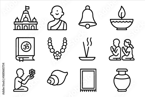 Diwali Temple Icon Set. Outline icon set of Diwali temple celebrations: temple building, priest, bell, diya,