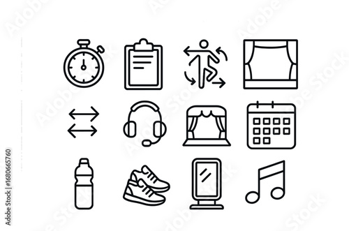 Fashion Rehearsal Icons. Outline icon set of fashion choreography rehearsals: stopwatch, clipboard, dancer,