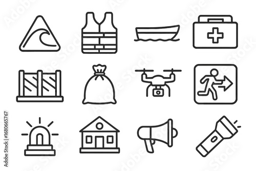 Coastal Disaster Preparedness Icons. Outline icon set of Coastal disaster preparedness: tsunami sign, life