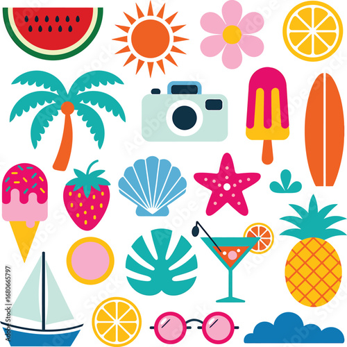 A vibrant collection of summer vacation vector elements featuring a tropical theme with flat design elements like a palm tree, sun, surfboard, and refreshing fruits.