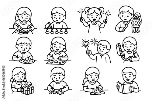 Diwali Kids Activity Icons. Outline icon set of Diwali kids activities: coloring rangoli, lighting diyas,