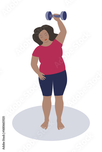 Plus sized woman training, lifting weights.