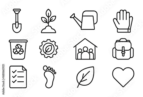 Eco-Volunteering Icons. Outline icon set of eco-volunteering tourism: shovel, tree seedling, watering can,