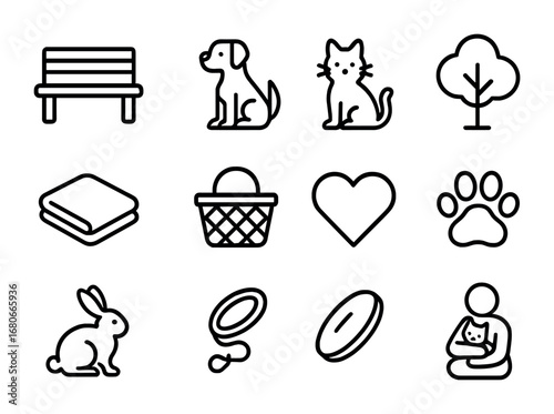 Outdoor Pet Cuddles Icons. Outline icon set of outdoor cuddles with pets: park bench, dog, cat, tree, blanket,