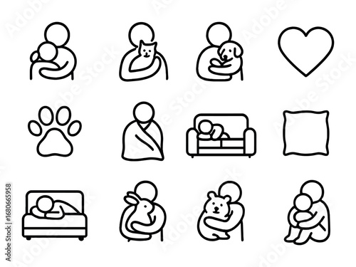 Cuddling Icon Set. Outline icon set of cuddling moments: human silhouette, cat, dog, paw print, heart, blanket