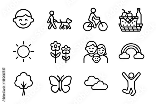 Joyful Outdoor Icons. Outline icon set of joyful moments outdoors: smiling child, dog walking, cycling, picnic