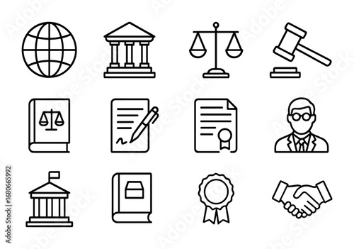 Comparative Law Icons. Outline icon set of comparative law: globe, courthouse, balance, gavel, book, contract,