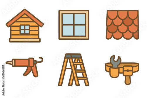 Home Renovation Icons. Flat vector mini-illustrations house exterior renovations in colors children's