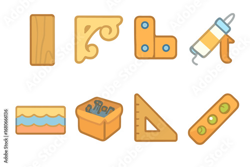 Children's Trim Installation Icons. Flat vector mini-illustrations installing trim and accents in colors