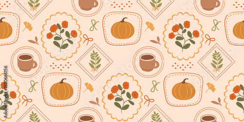 Autumn season seamless pattern background vector. Fall harvest wallpaper with pumpkin, coffee, flower, ribbon, ginkgo leaf, frame. Design for print, cover, fabric, packaging, wall art, home decor. 