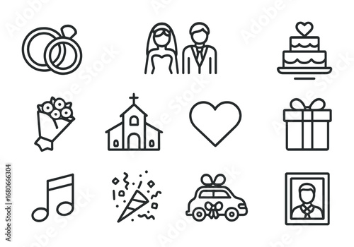 Wedding Icon Set. Outline icon set of wedding photo albums: wedding rings, bouquet, bride and groom, wedding